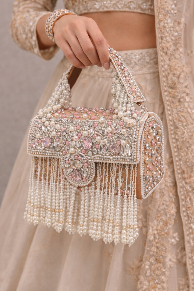 Light Brown Hand Embroidered With Pearls Clutch