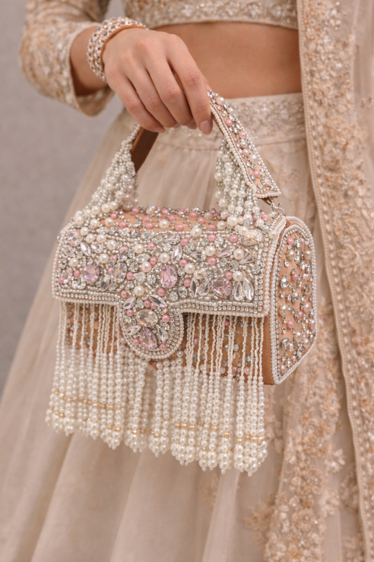 Light Brown Hand Embroidered With Pearls Clutch