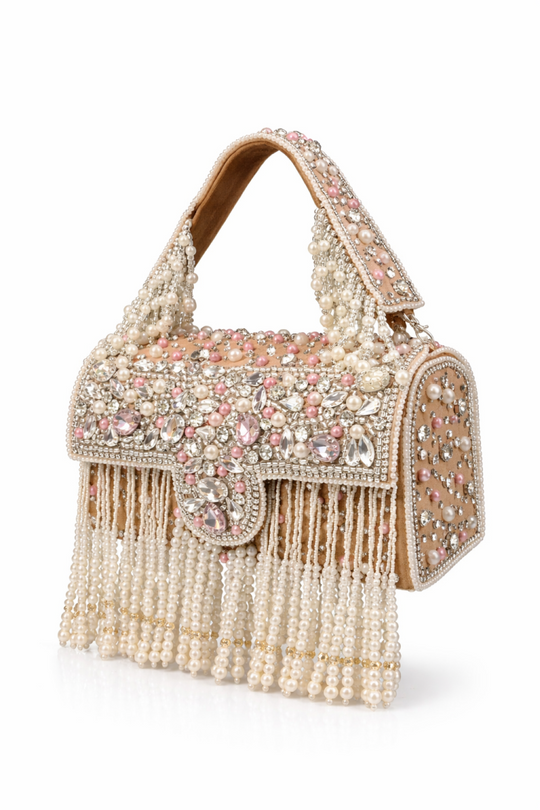 Light Brown Hand Embroidered With Pearls Clutch