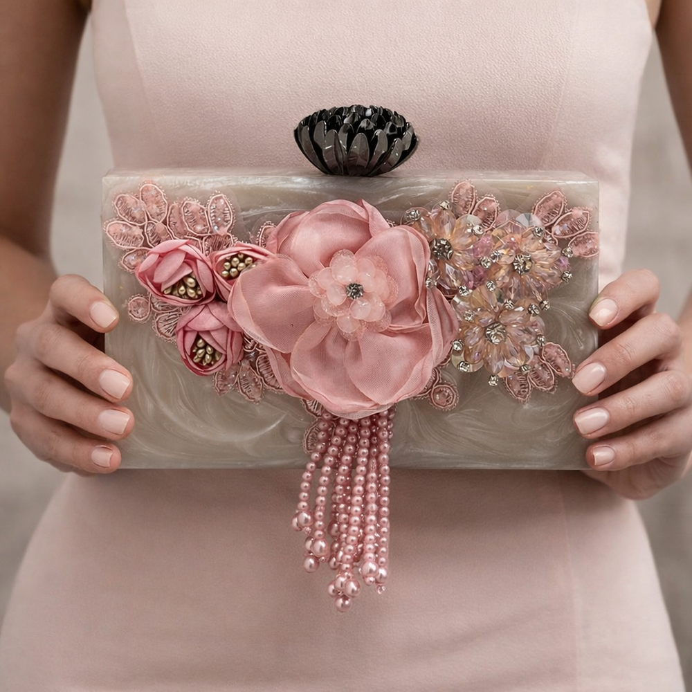 Pink Handmade Raisin Embroidered Clutch