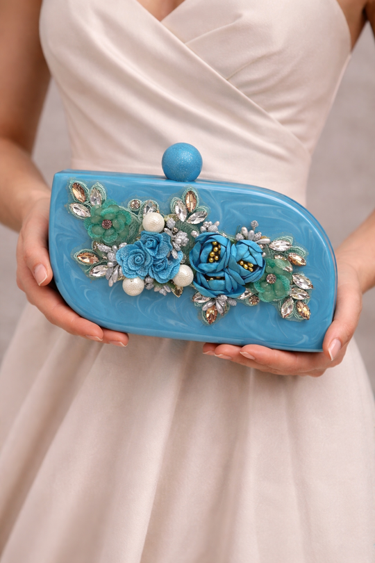 Blue Handmade Raisin Embroidered Clutch