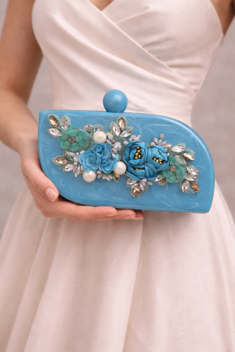 Blue Handmade Raisin Embroidered Clutch