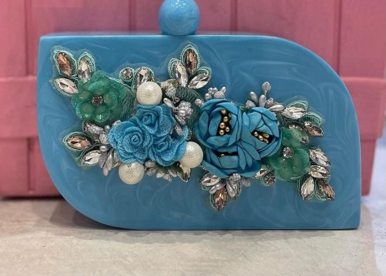 Blue Handmade Raisin Embroidered Clutch