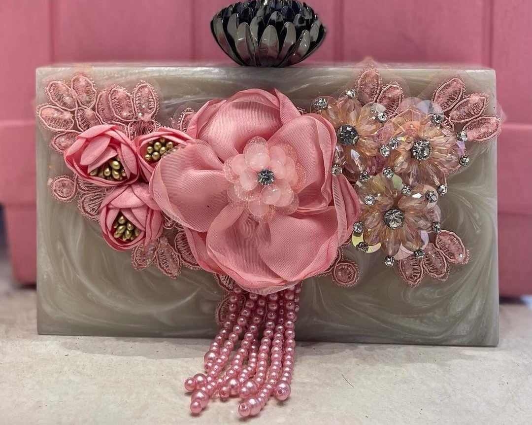 Pink Handmade Raisin Embroidered Clutch