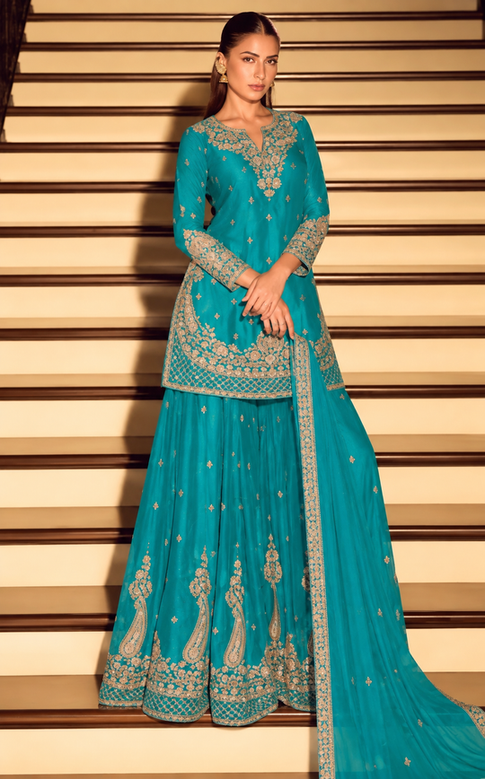 Blue Thread & Zari Embroidery Palazzo Set