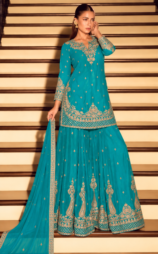 Blue Thread & Zari Embroidery Palazzo Set