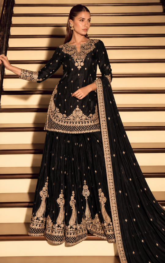 Black Thread & Zari Embroidery Palazzo Set