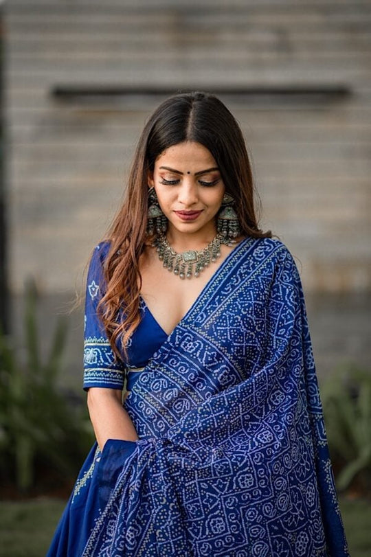 Royal Blue Bandhani Printed Silk Lehenga