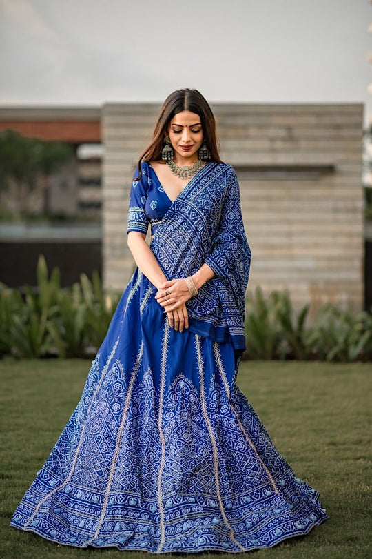 Royal Blue Bandhani Printed Silk Lehenga