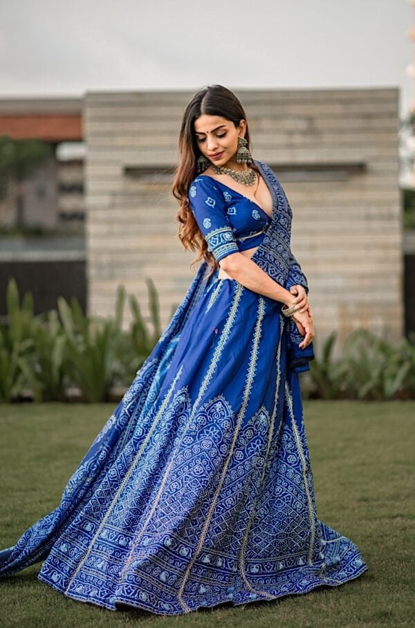 Royal Blue Bandhani Printed Silk Lehenga