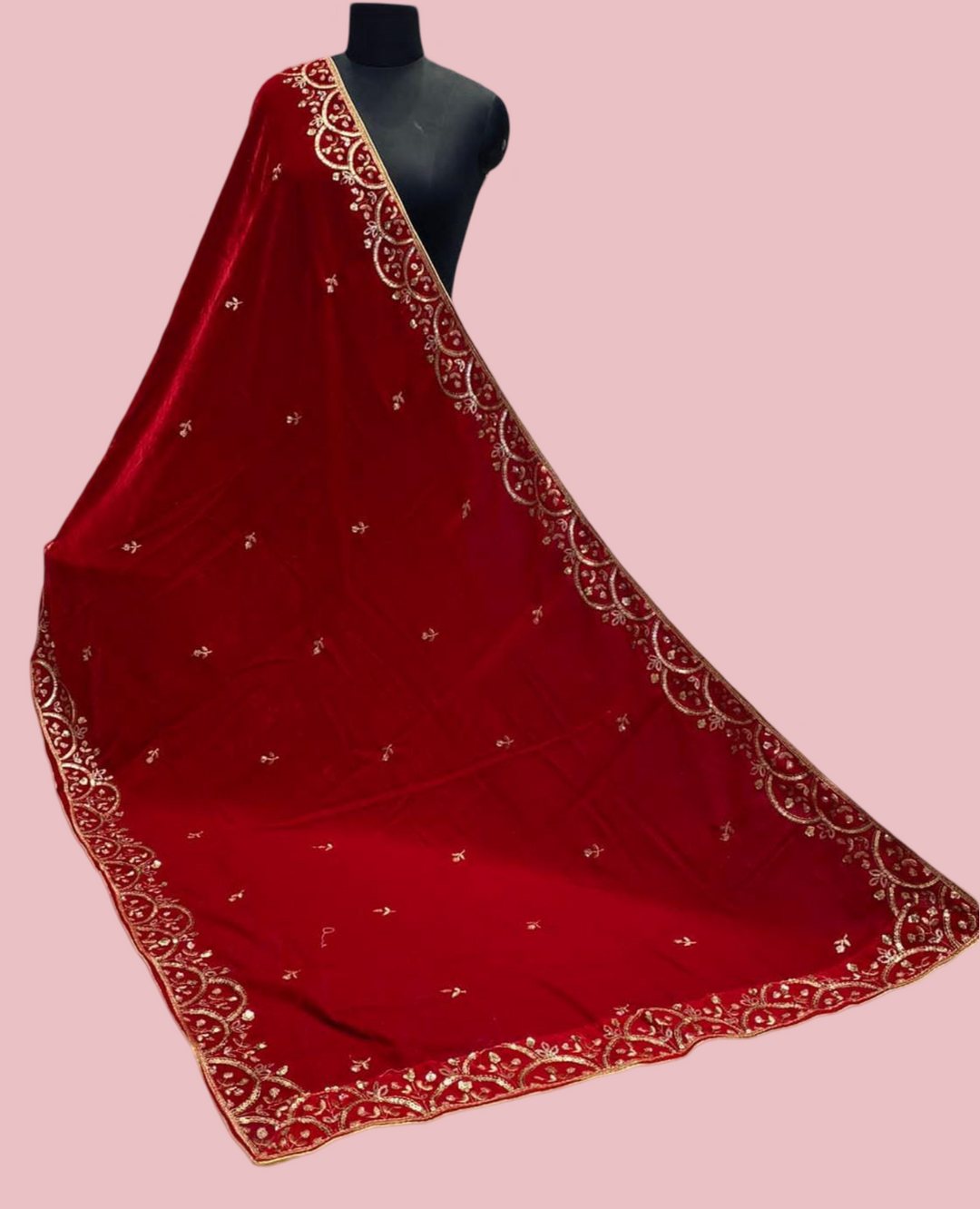 Bridal Red Embroidered Velvet Phulkari Dupatta