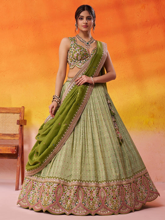 Multicoloured Multi Embroidered Jacquard Tissue Lehenga
