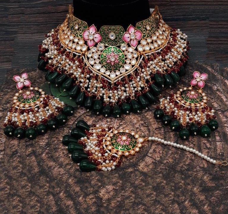 Dark Green Kundan Heavy Floral Jewellery Set