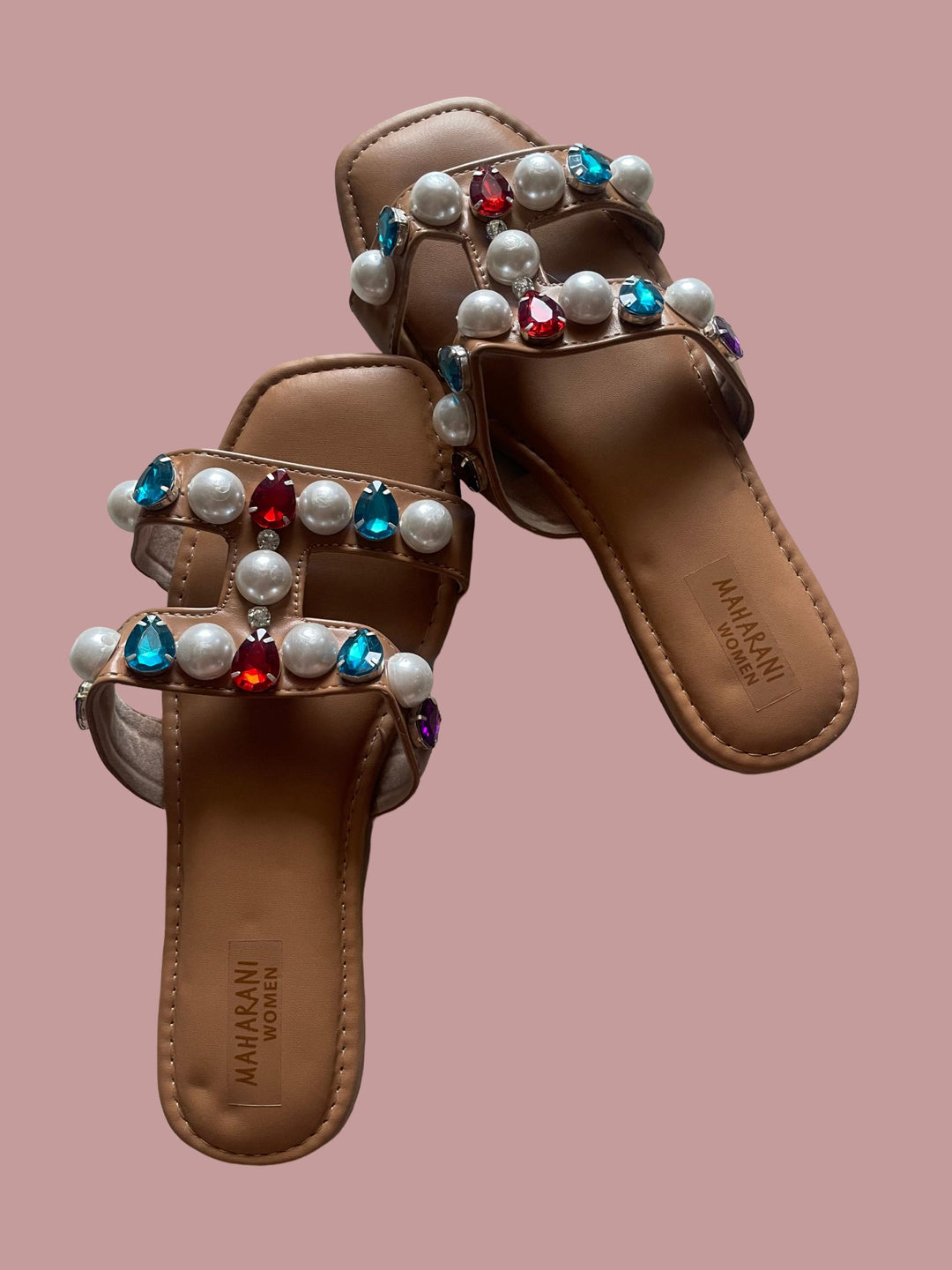 Brown Heavy Stone & Pearl Work Women’s Sliders