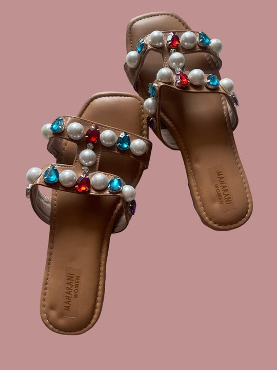 Brown Heavy Stone & Pearl Work Women’s Sliders