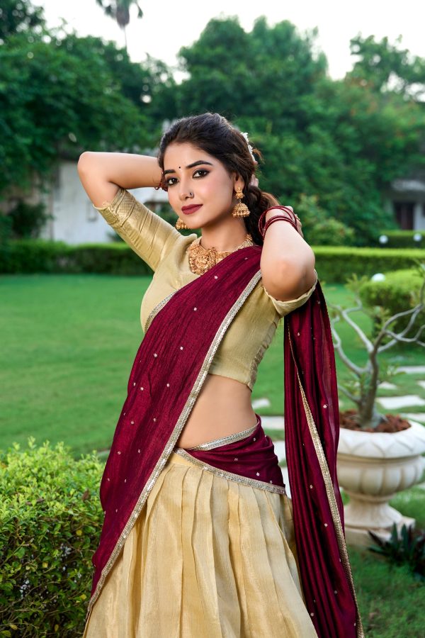 Cream Zari Weaving Work Kanchipuram Lehenga