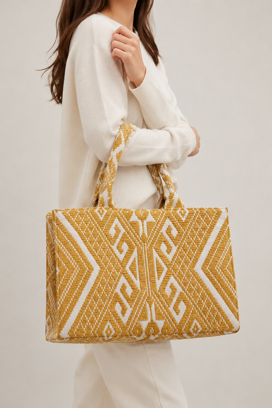 Yellow Jacquard Tote HandBag