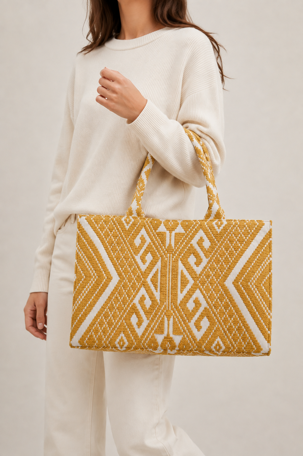 Yellow Jacquard Tote HandBag