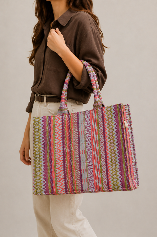 Pink Multicoloured Jacquard Tote HandBag