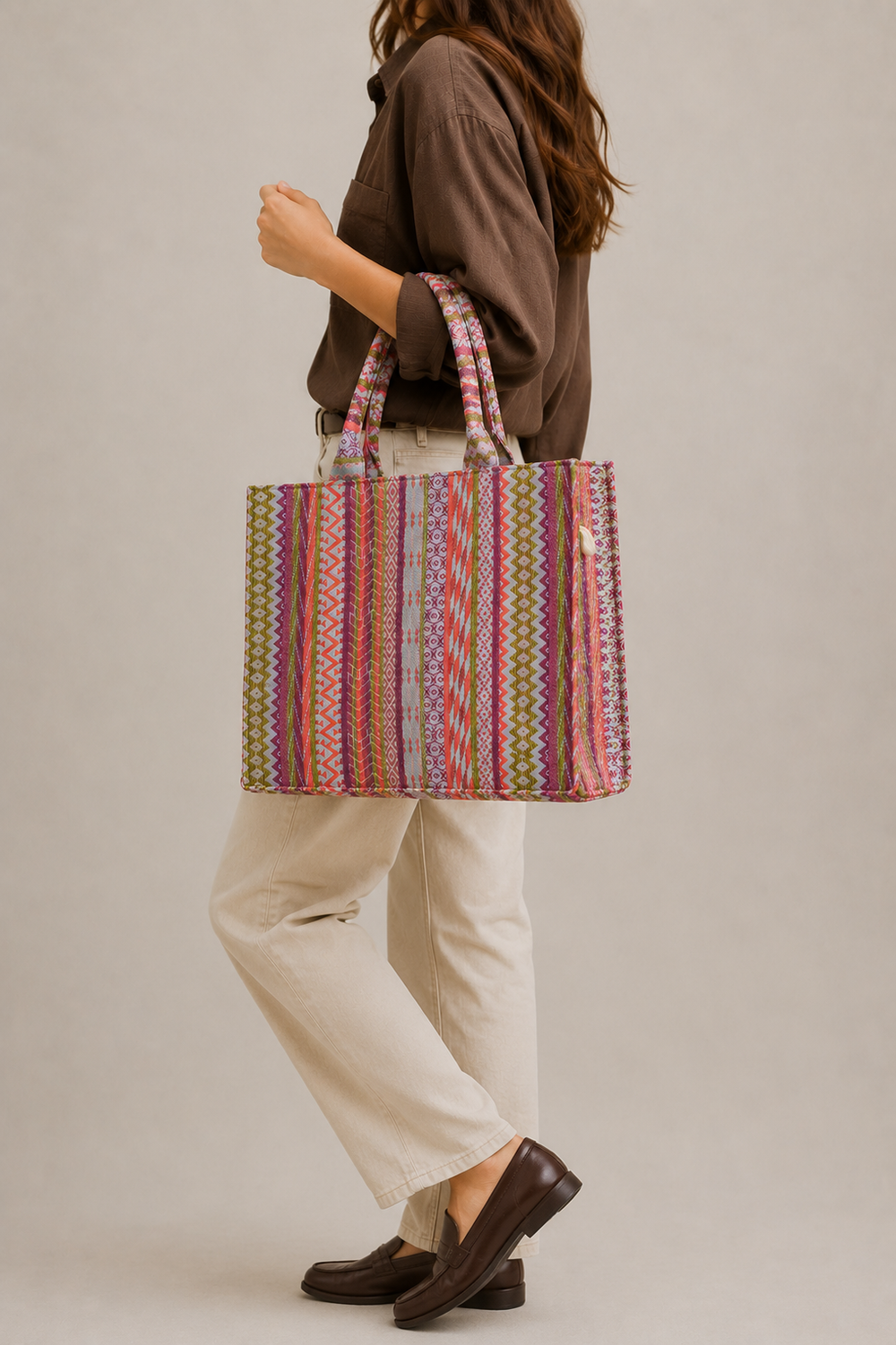 Pink Multicoloured Jacquard Tote HandBag