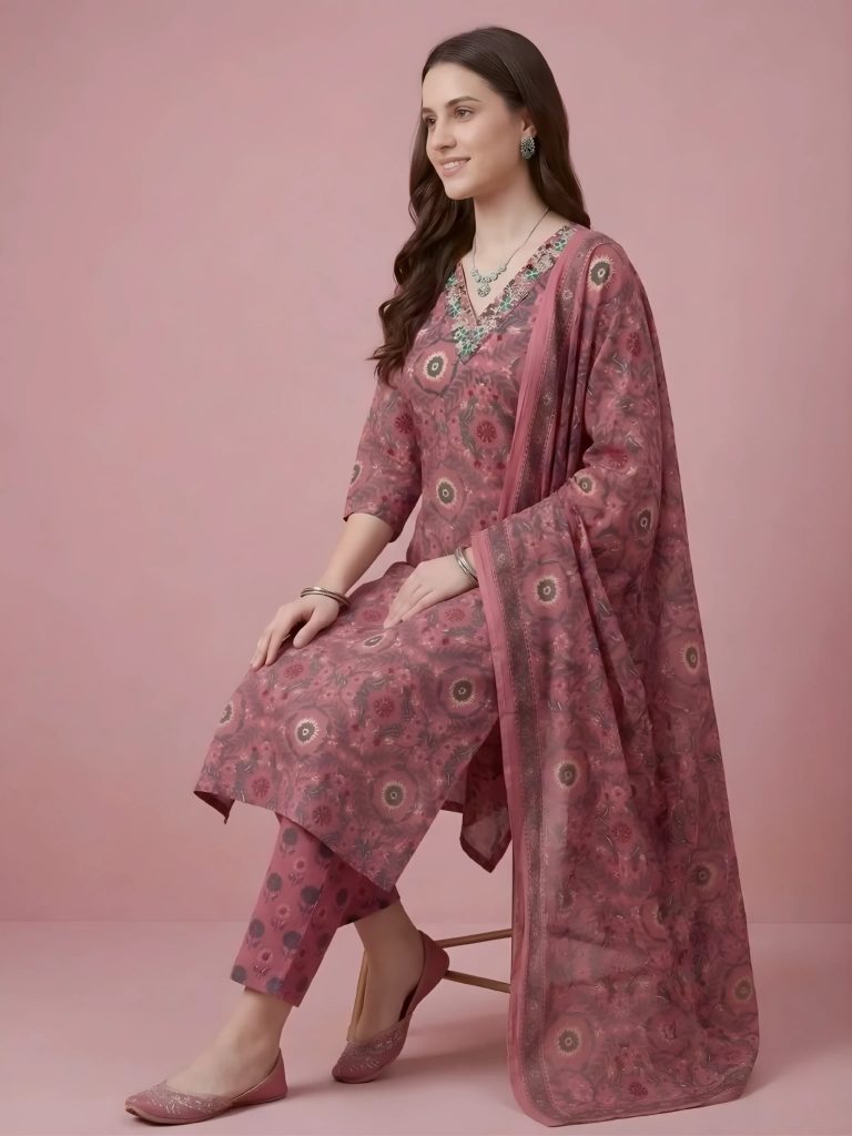 Lilac Pink Jaipuri Print Work Women’s Salwar Set