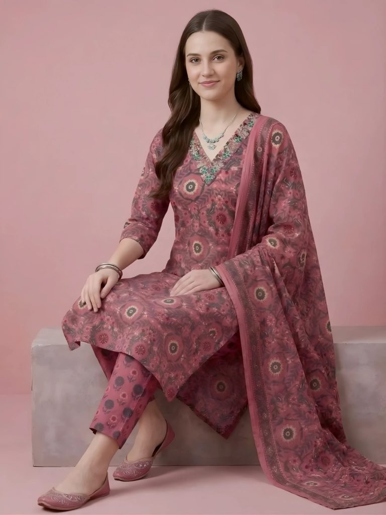 Lilac Pink Jaipuri Print Work Women’s Salwar Set