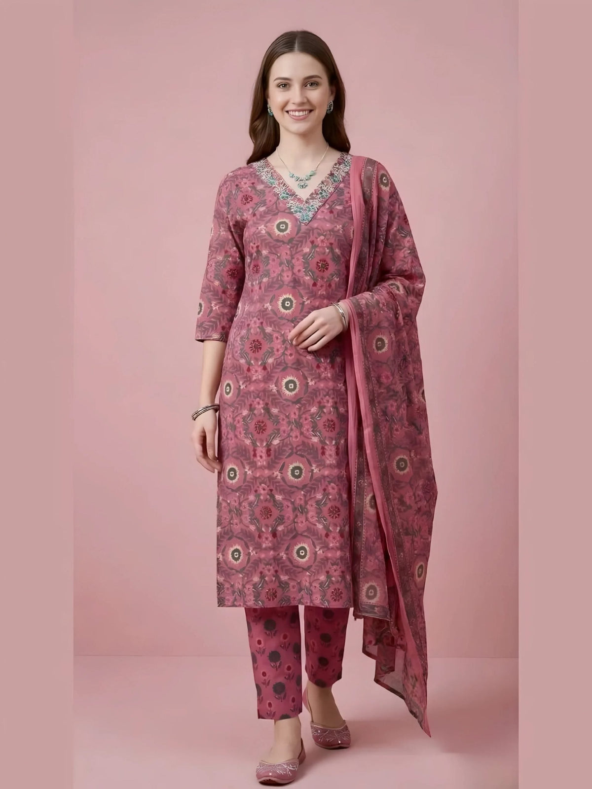Lilac Pink Jaipuri Print Work Women’s Salwar Set