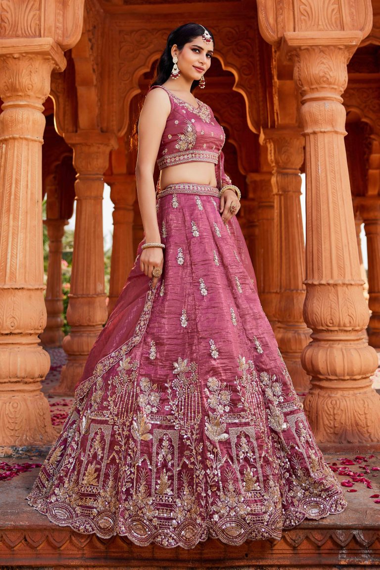 Pink Sequence With Zari Embroidered Tissue Lehenga