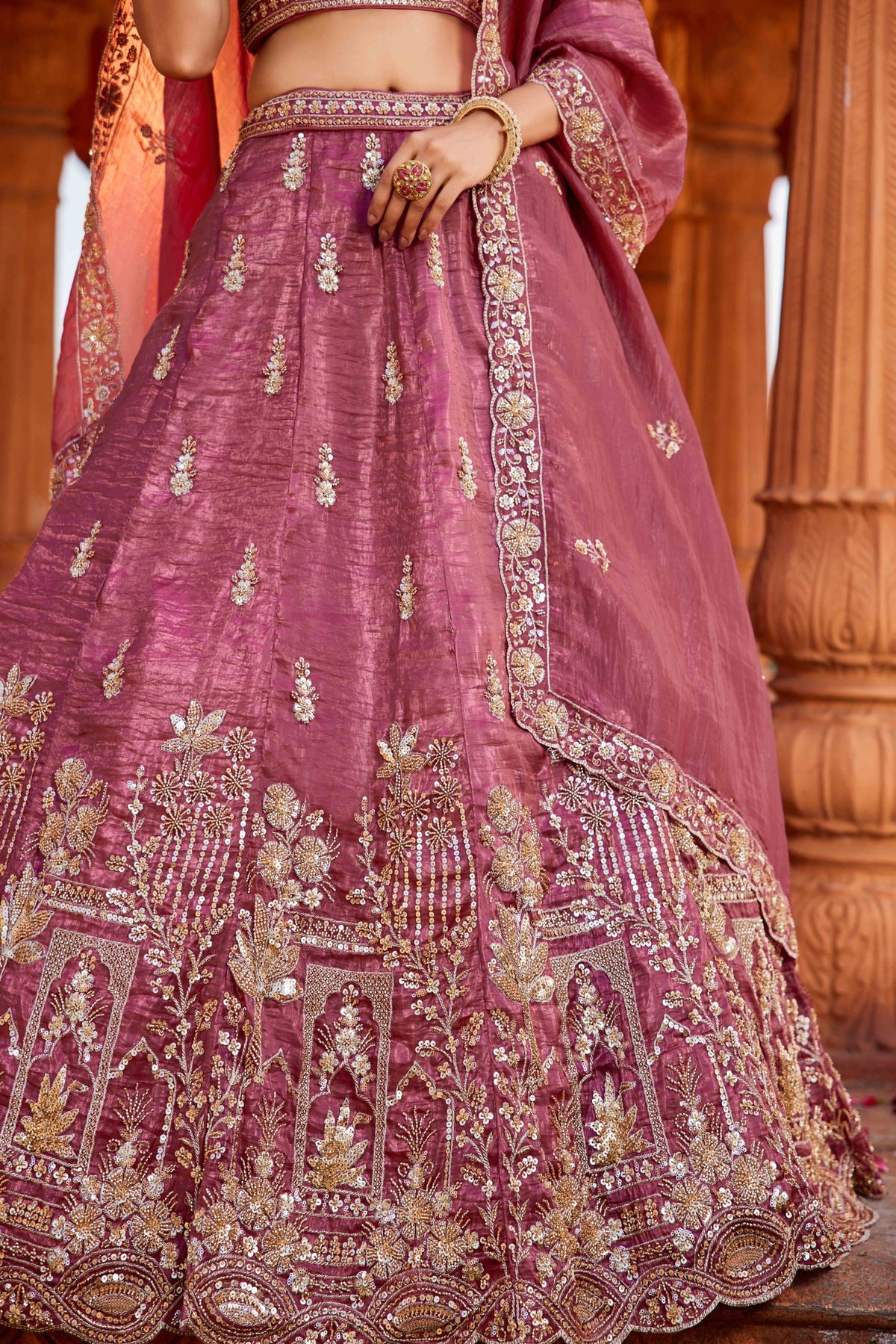 Pink Sequence With Zari Embroidered Tissue Lehenga