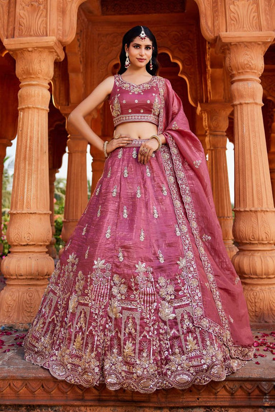 Pink Sequence With Zari Embroidered Tissue Lehenga