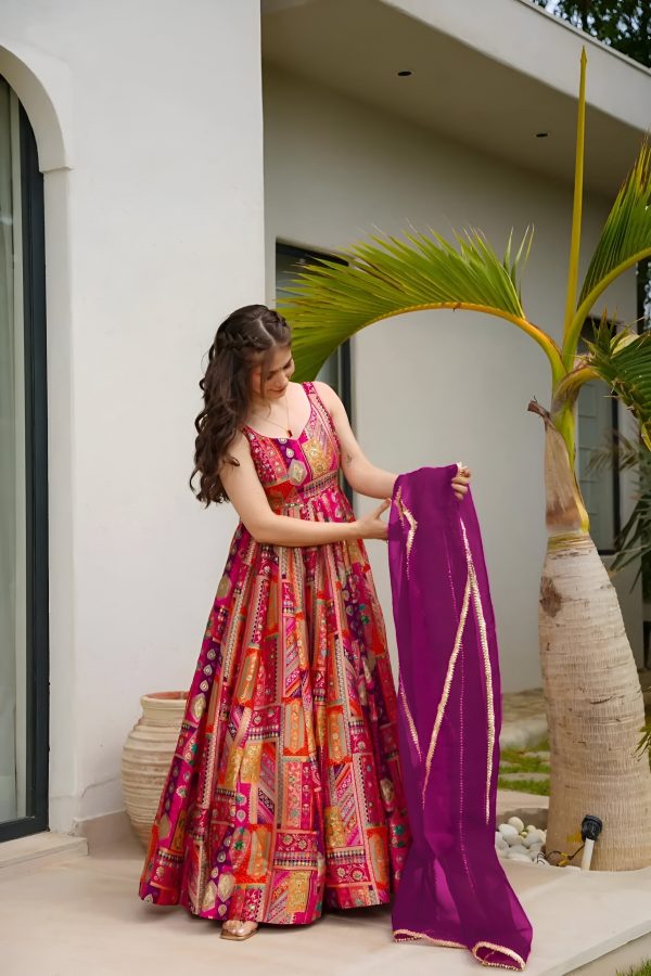 Multicoloured Heavy Print Work Silk Anarkali Set
