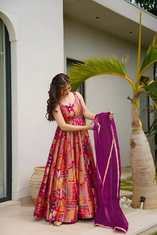 Multicoloured Heavy Print Work Silk Anarkali Set
