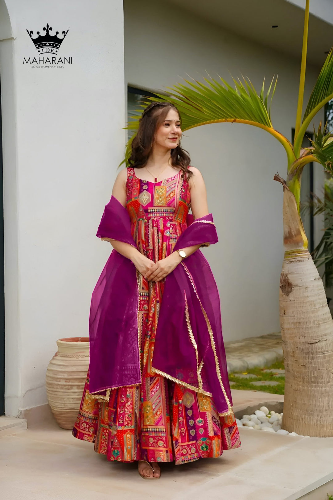 Multicoloured Heavy Print Work Silk Anarkali Set