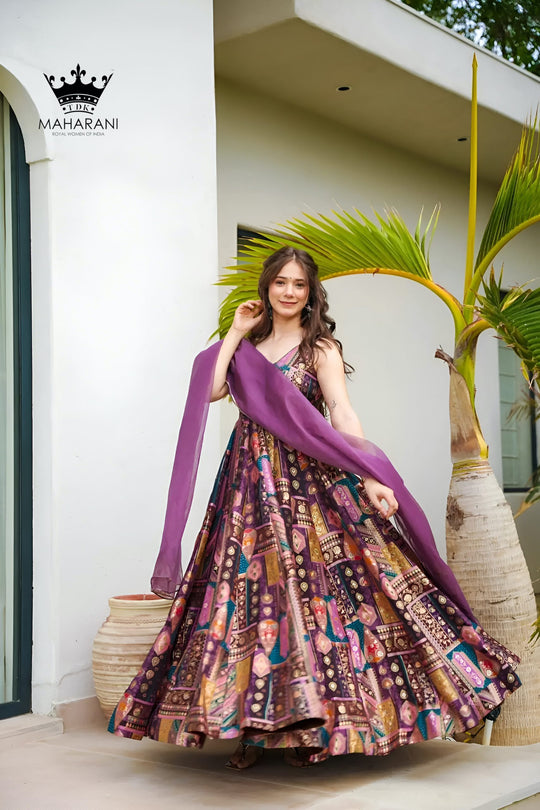 Purple Heavy Print Work Silk Anarkali Set