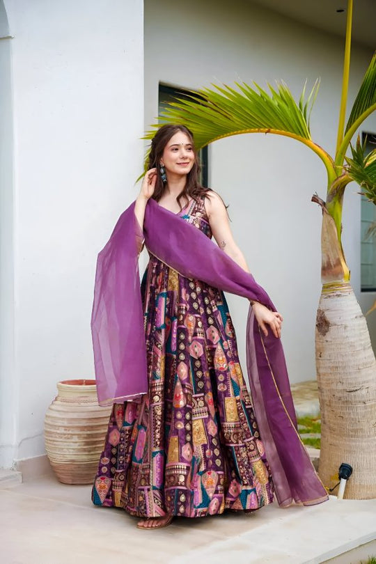 Purple Heavy Print Work Silk Anarkali Set