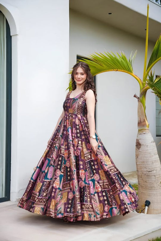 Purple Heavy Print Work Silk Anarkali Set