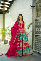 Multicoloured Heavy Print Work Silk Anarkali Set