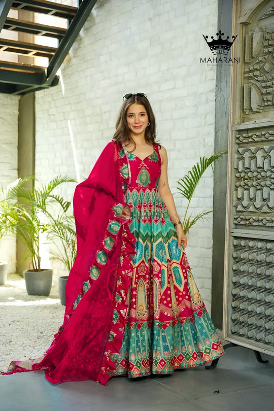 Multicoloured Heavy Print Work Silk Anarkali Set