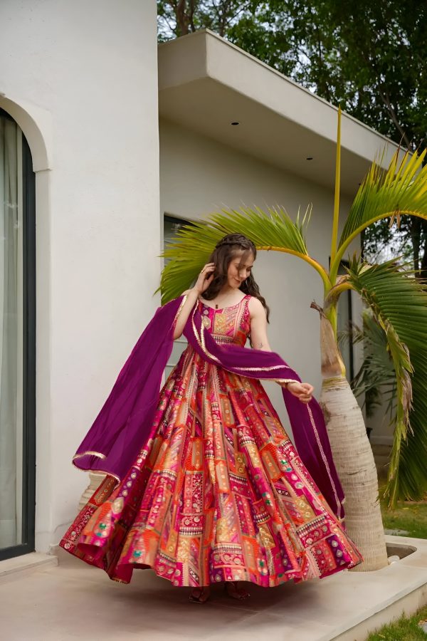 Multicoloured Heavy Print Work Silk Anarkali Set