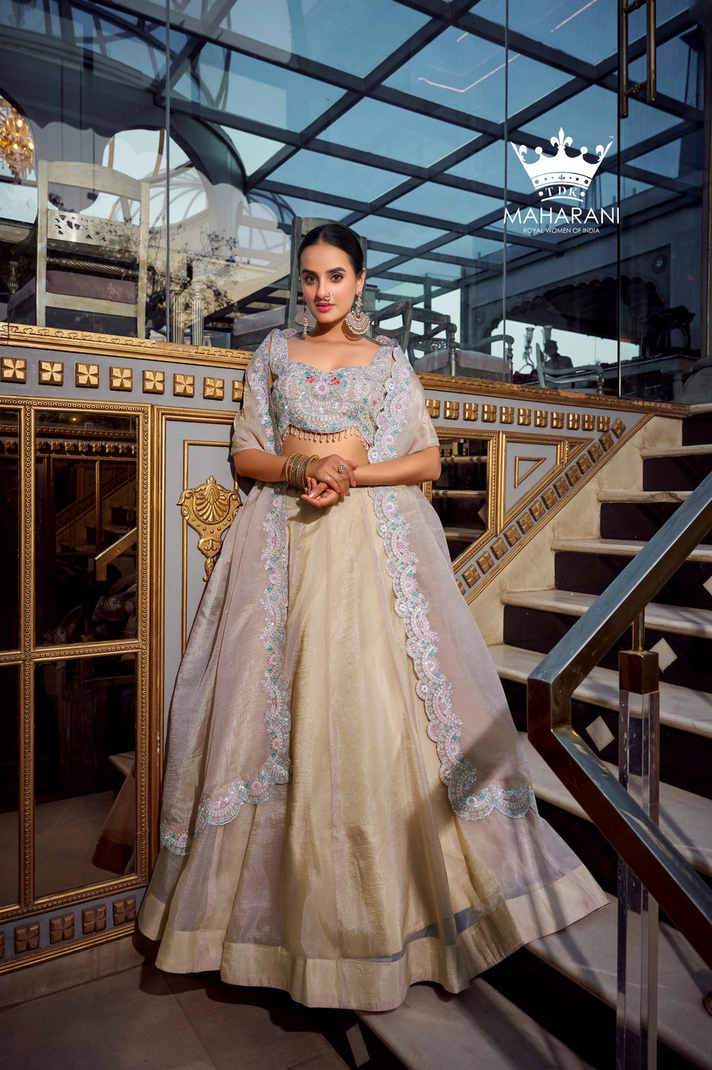 Off-White Sequins & Jarkan Diamond Work Lehenga