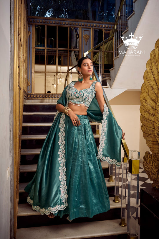 Teal Blue Sequins & Jarkan Diamond Work Lehenga