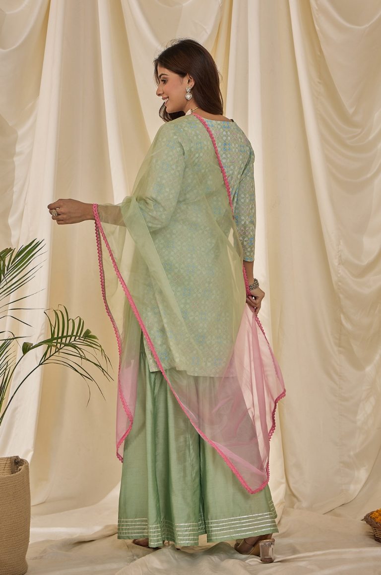 Mint Green Embroidery With Lace Work Sharara Salwar Set