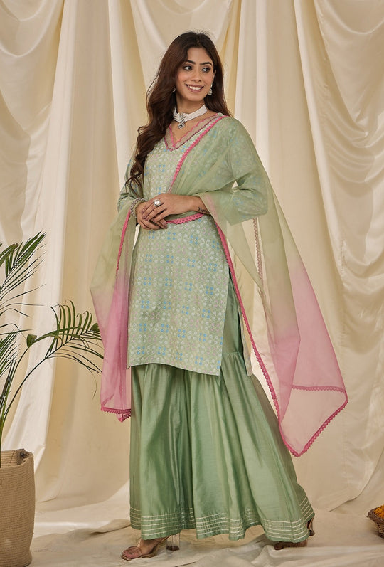 Mint Green Embroidery With Lace Work Sharara Salwar Set