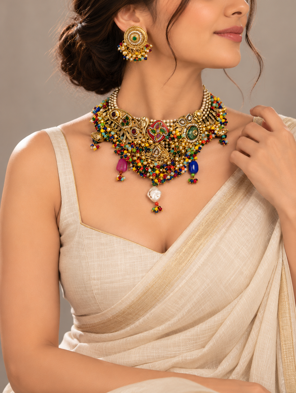Rajmohini Antique Gold Necklace Set