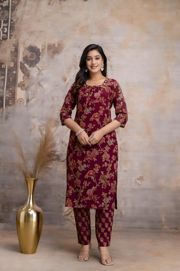 Maroon Floral Jaipuri Print Salwar Set