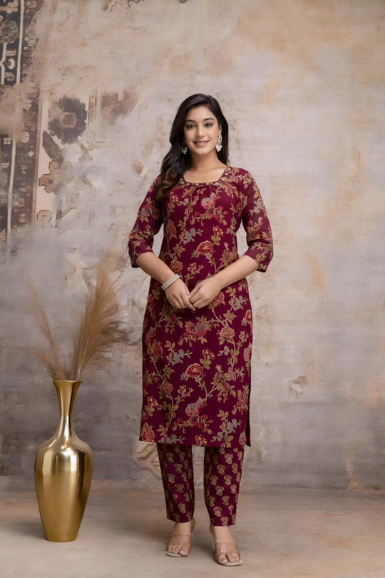 Maroon Floral Jaipuri Print Salwar Set