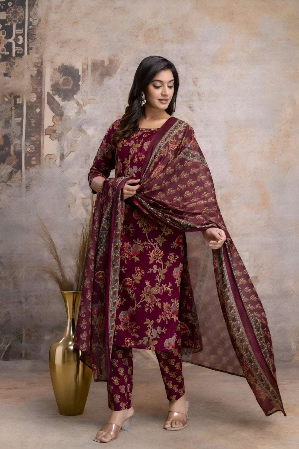 Maroon Floral Jaipuri Print Salwar Set