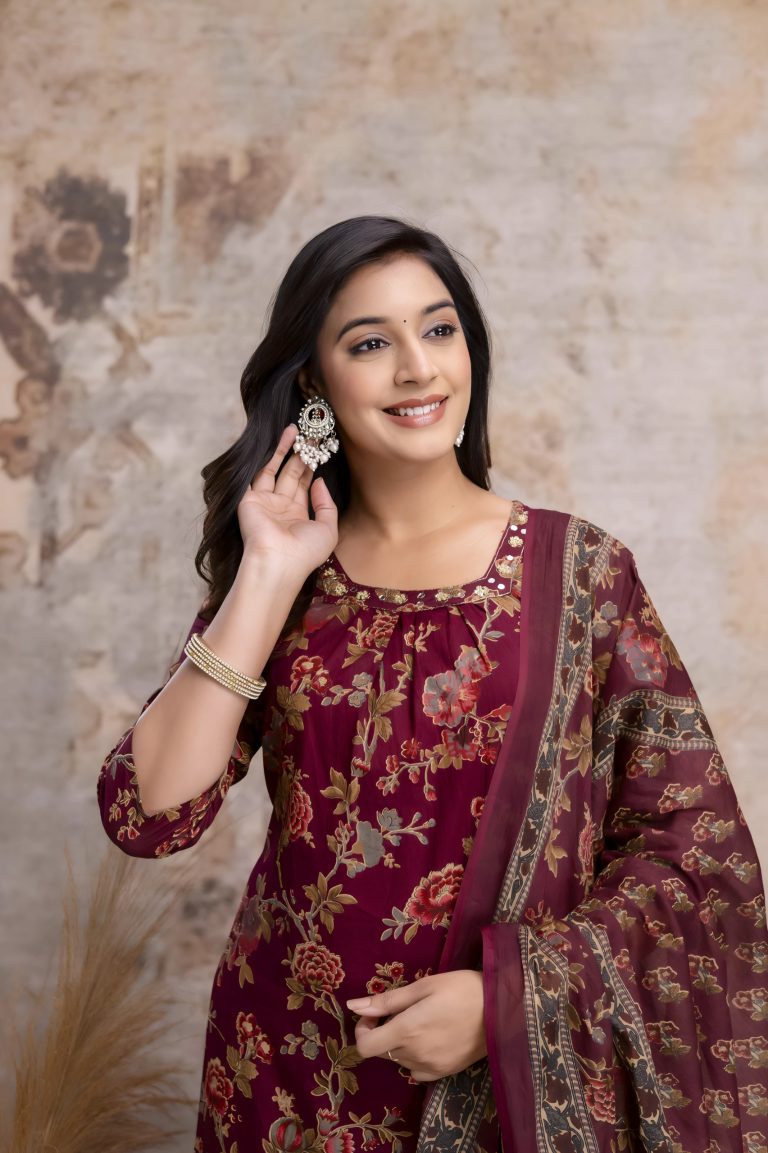 Maroon Floral Jaipuri Print Salwar Set