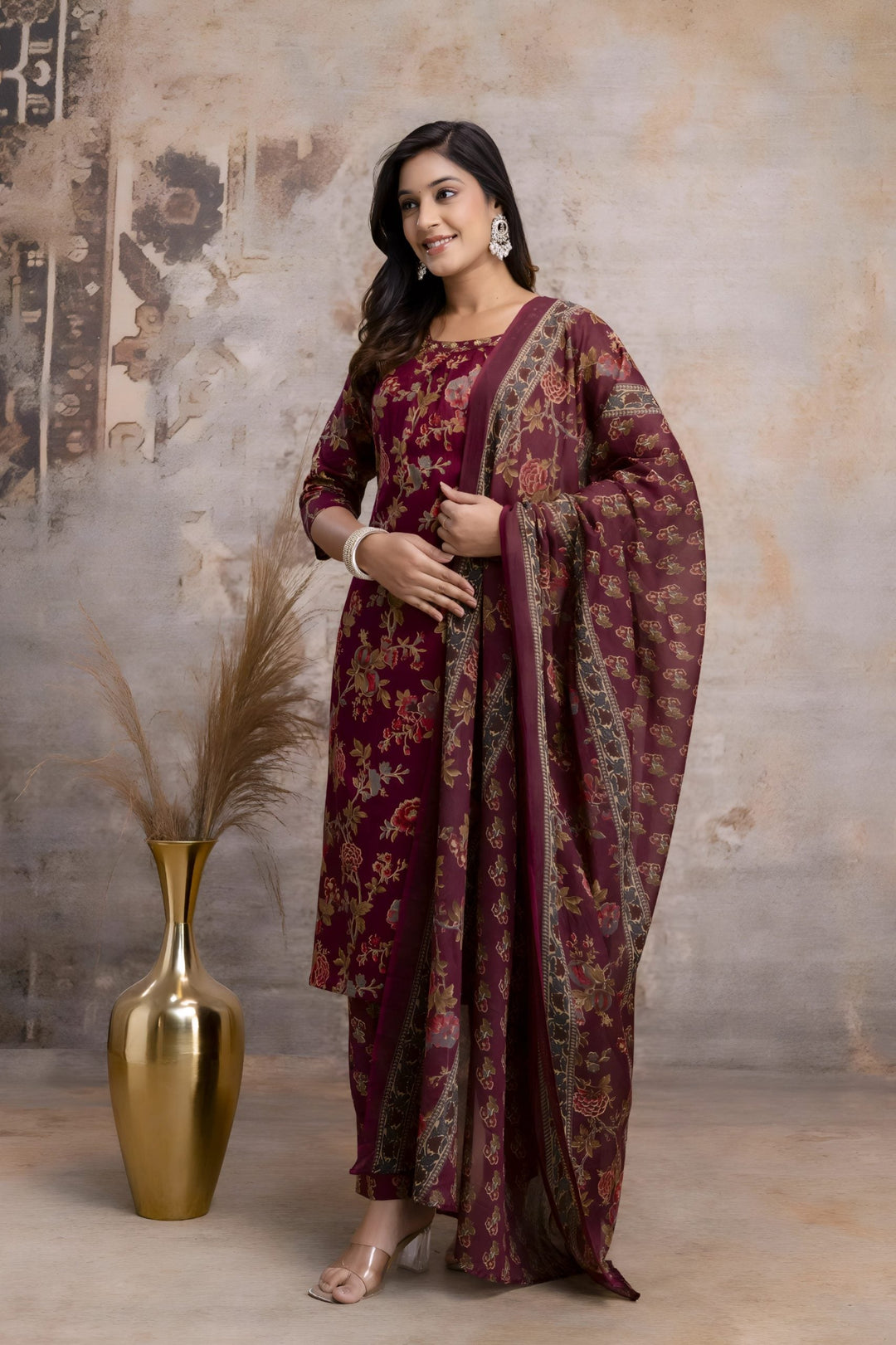 Maroon Floral Jaipuri Print Salwar Set