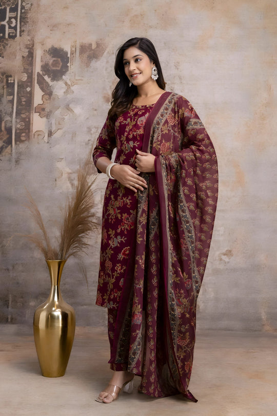 Maroon Floral Jaipuri Print Salwar Set